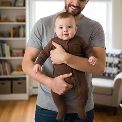 bébé en pyjama bébé garçon marron aux bras  papa