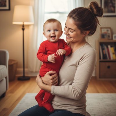 bébé en pyjama bébé garçon rouge aux bras maman