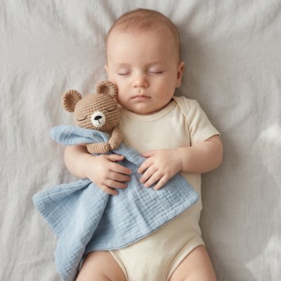 bébé endomi avec doudou pour  bebe ourson blau