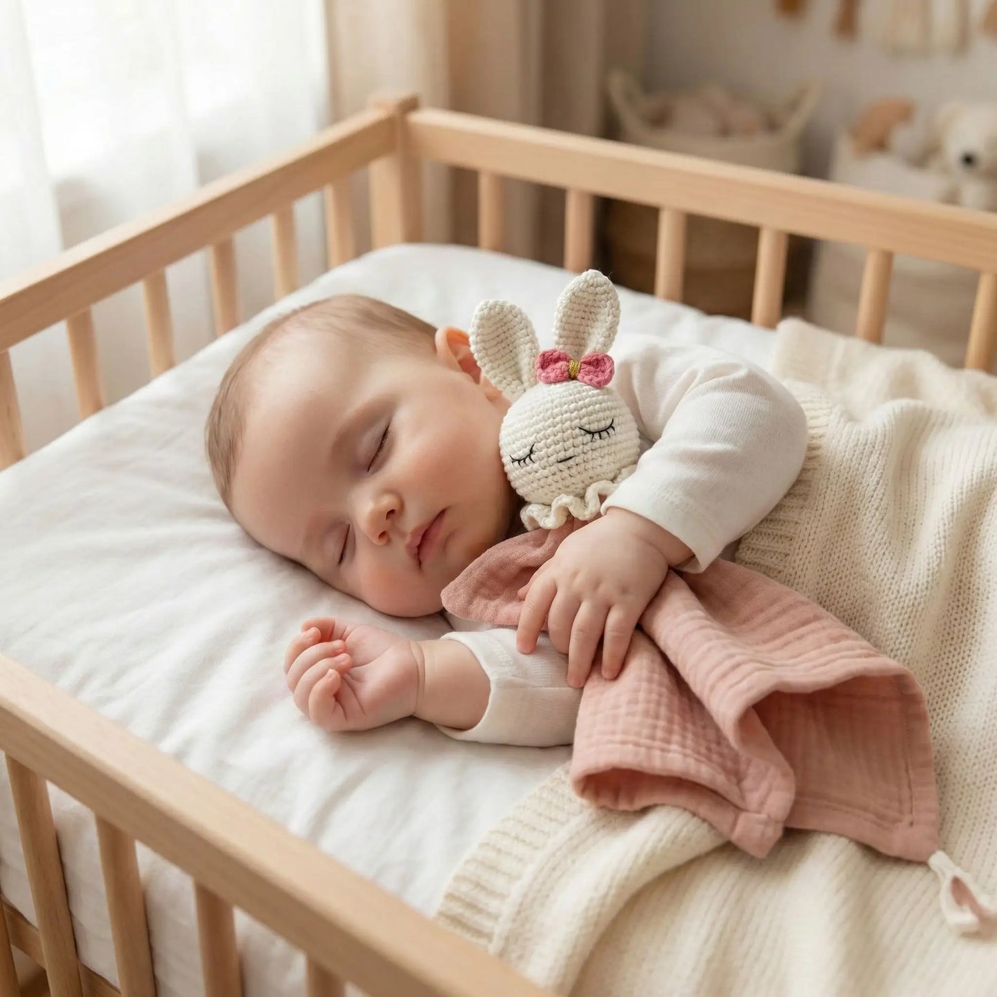 bébé endormi avec doudou lapin rose
