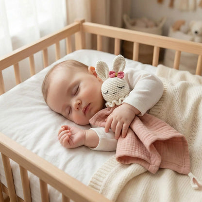 bébé endormi avec doudou lapin rose