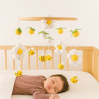 bébé endormi avec mobile lit bébé abeille citron