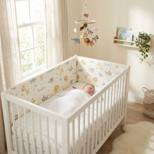 bébé endormi dans lit avec tour de lit kaki