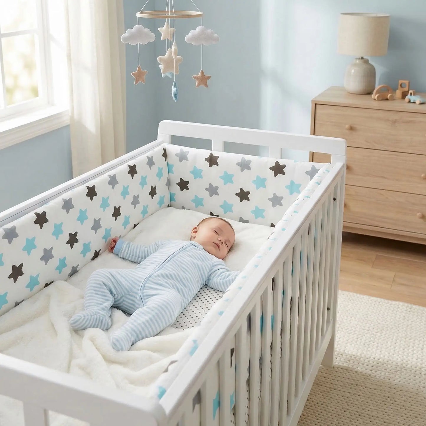 bébé endormi dans lit avec tour de lit pour bebe étoilé