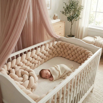 bebe endormi dans lit garni tour de lit tresse pastel