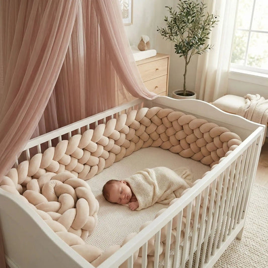 bebe endormi dans lit garni tour de lit tresse pastel