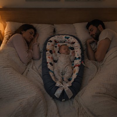 bébé endormi dans réducteur de lit bébé