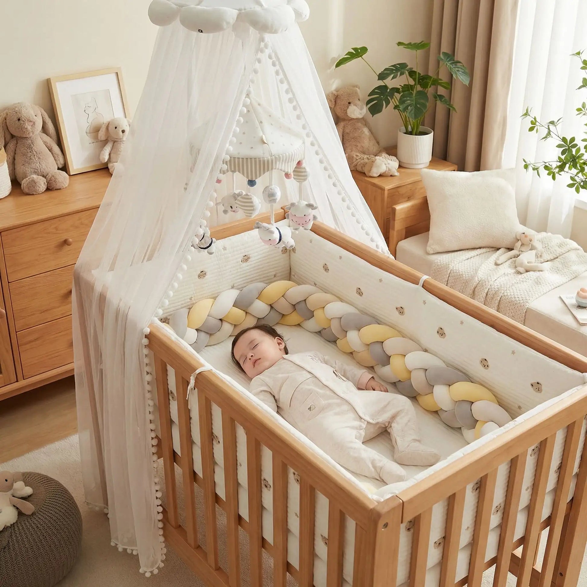 bebe endormi joli tresse de lit jaune gris blanc