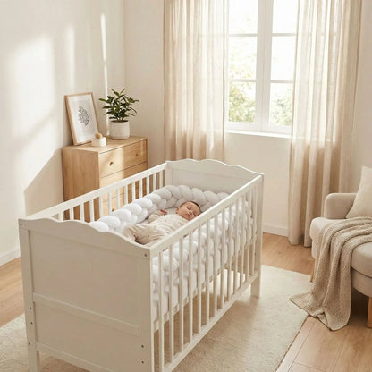 bebe endormi son lit avec tour de lit tresse blanc