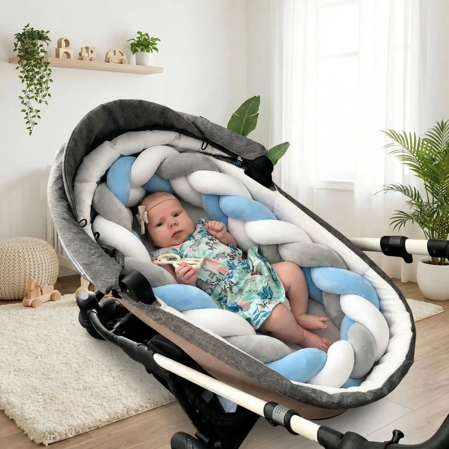 bebe fille entouree de tour de lit tresse bleu gris blanc