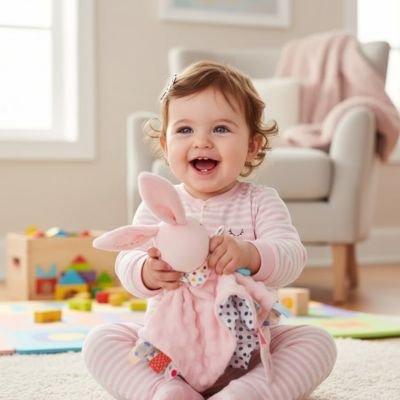 bébé fille souriante tient doudou bebe lapin