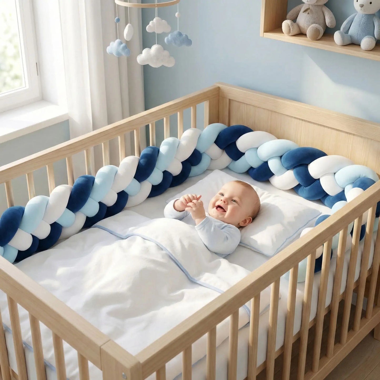 bebe garcon souriant dans son lit avec tresse de lit bebe bleue blanc joue avec ses mains 