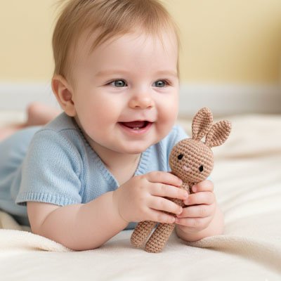 bébé joue avec doudou lapin marron