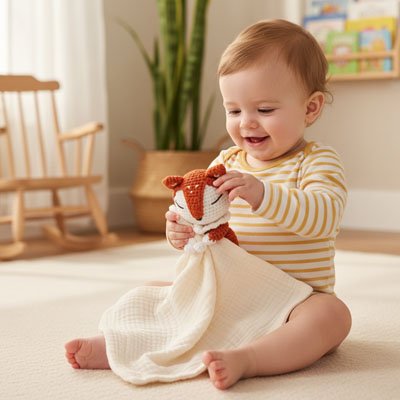 bébé joue avec doudou renard roux