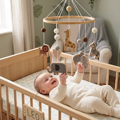 bébé joue avec mobile pour lit bebe safari