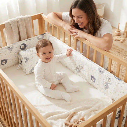 bébé maman souriant avec tour de lit pour bebe ourson