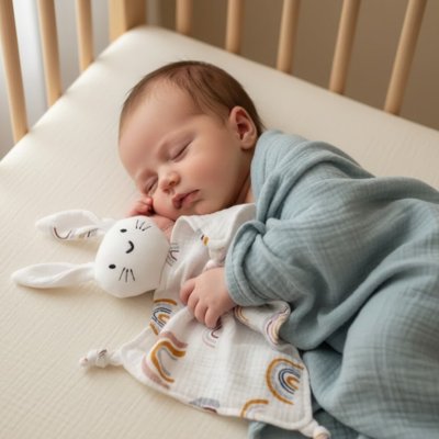 bébé serein dort avec doudou lapin