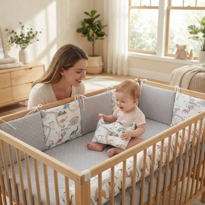 bébé souriant avec maman tour de lit bebe dino