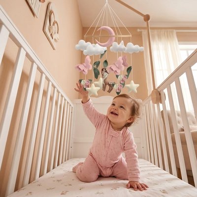 bébé souriant avec mobile bébé animaux
