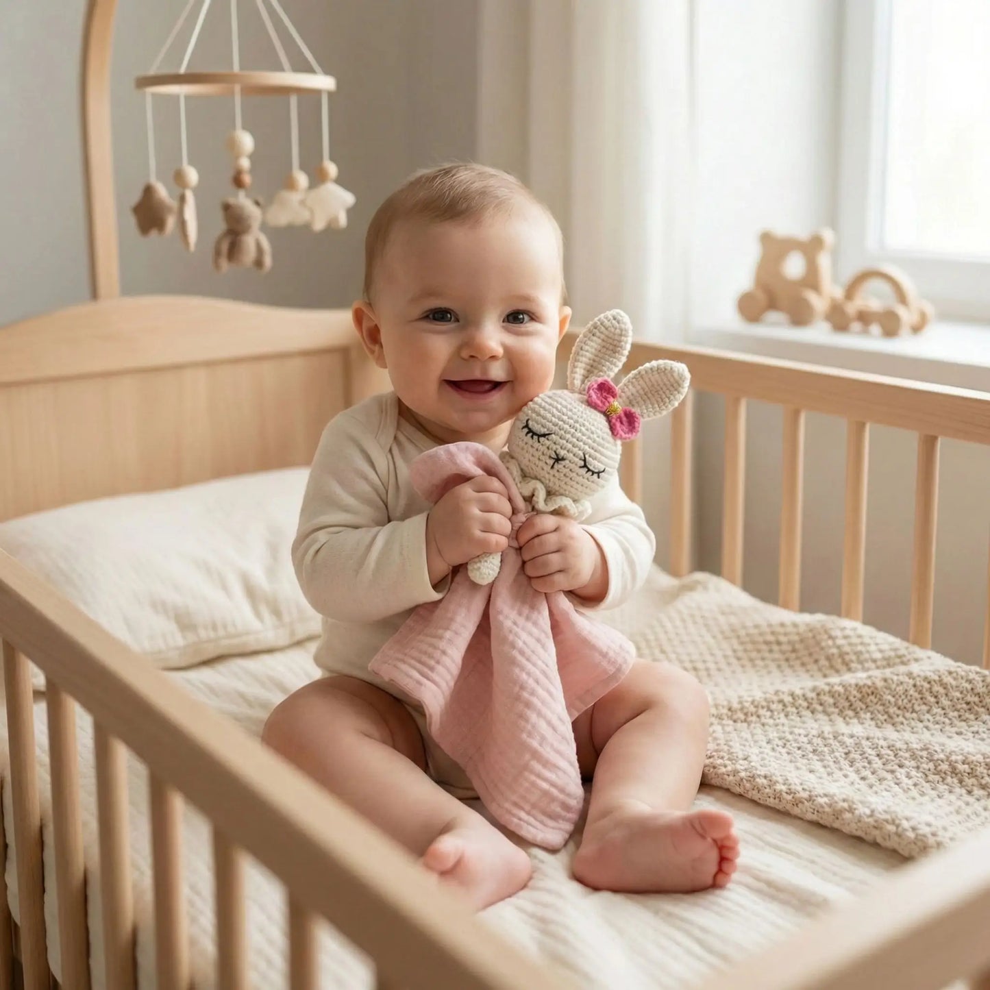 bébé souriant dans son lit avec doudou lapin rose