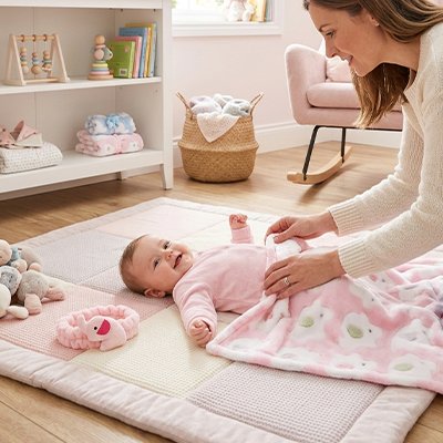 Bébé souriant sous couverture bébé rose éléphant 