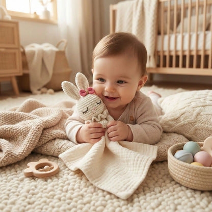 bébé sur le ventre tient doudou lapin blanc