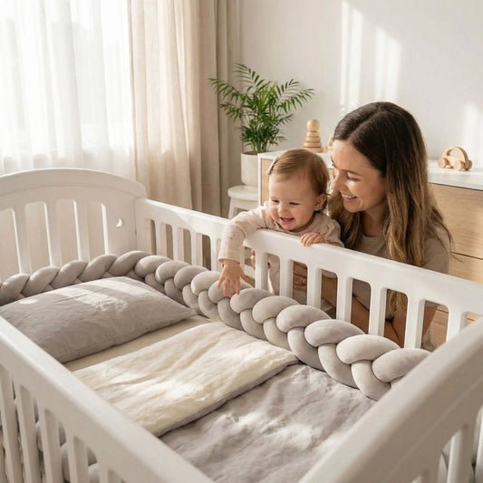 bebe touche tresse de lit bebe grise souriant maman contente