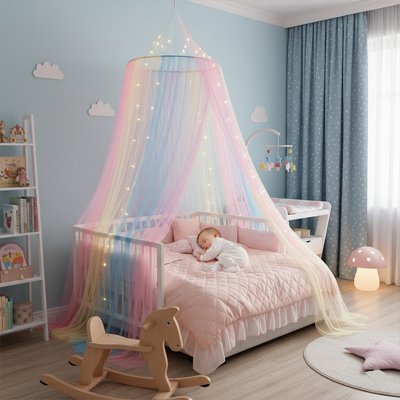 belle chambre bébé avec ciel de lit arc en ciel