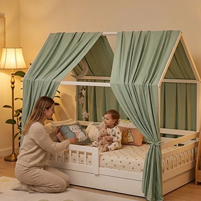 Ciel de lit cabane vert 