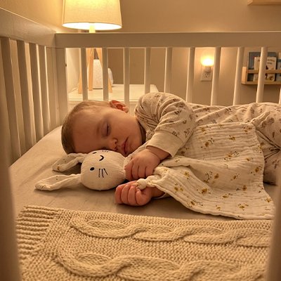 Doudou lapin à fleurs jaunes au bras de bébé endormi 