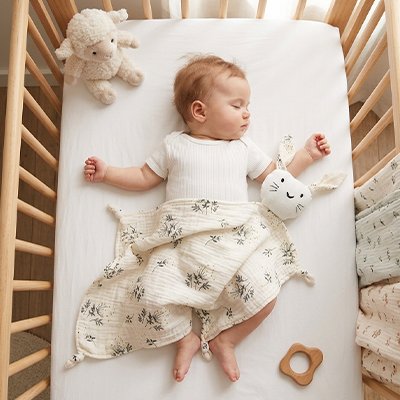 Doudou lapin fleuri sur bébé endormi