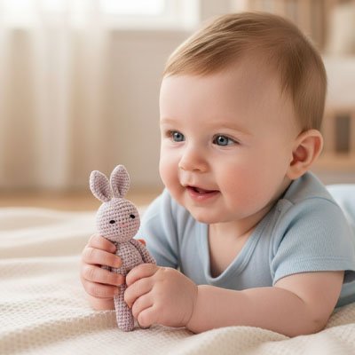 doudou lapin gris aux mains de bebe