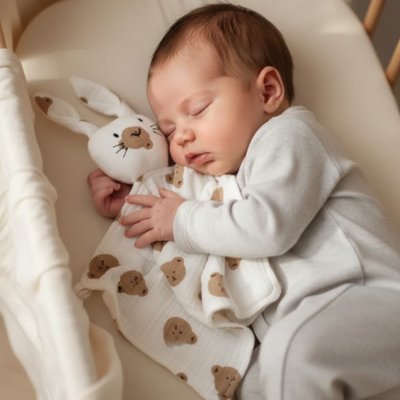 Doudou lapin tête ourson avec bébé au lit 