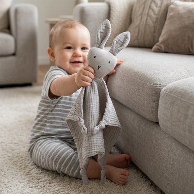 doudou pour bebe gris avec bébé souriant