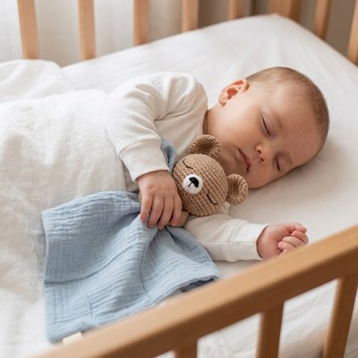 doudou pour bebe ourson brun en robe bleue
