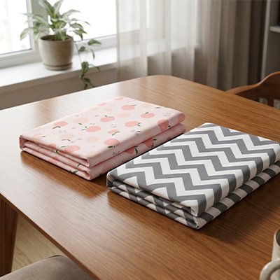 Drap housse lit bébé rayé gris blanc rose fruité