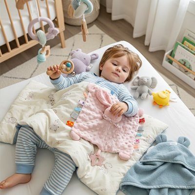 enfant allongé tient doudou éléphant