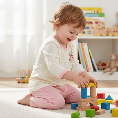 enfant assis pyjama bebe lapin joue                             legos