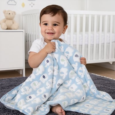 enfant assis  tiens couverture bebe bleu elephon
