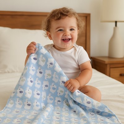 enfant souriant assis tiens couverture bebe bleu elephon