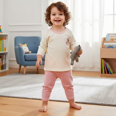 fillette debout pyjama bebe bicolor souriante