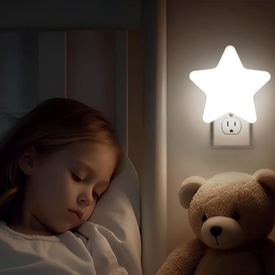 fillette endormie avec veilleuse bebe étoile lumiere blanche