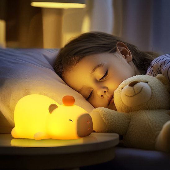 fillette endormie avec veilleuse bébé lumière jaune