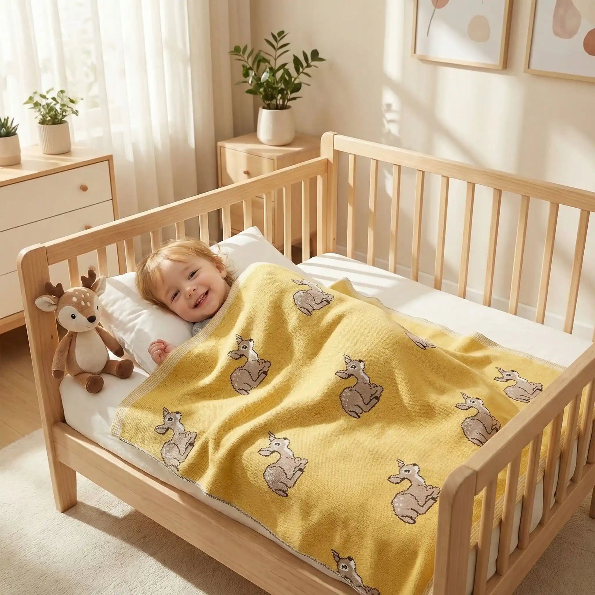 garçon au lit sous couverture bébé jaune