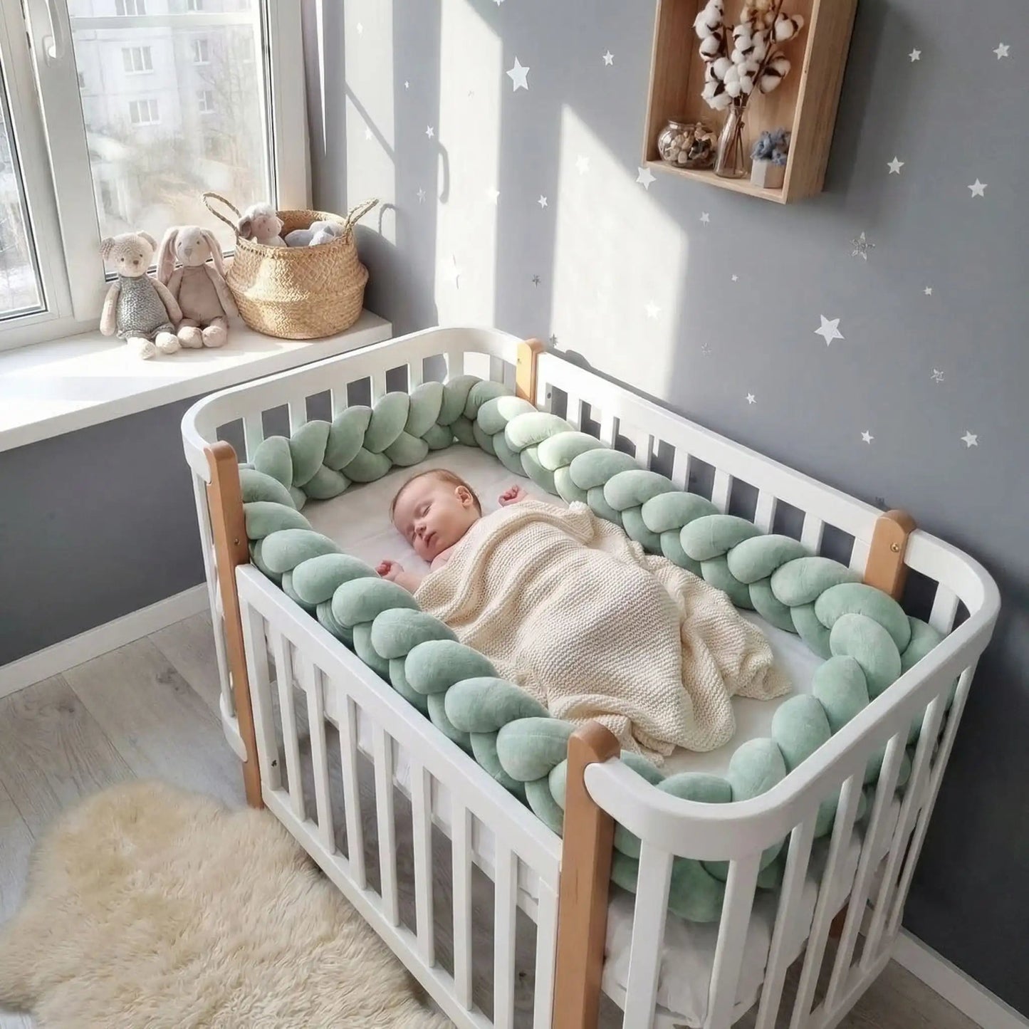 jolie bebe fille endormie son lit avec tresse de lit vert pastel