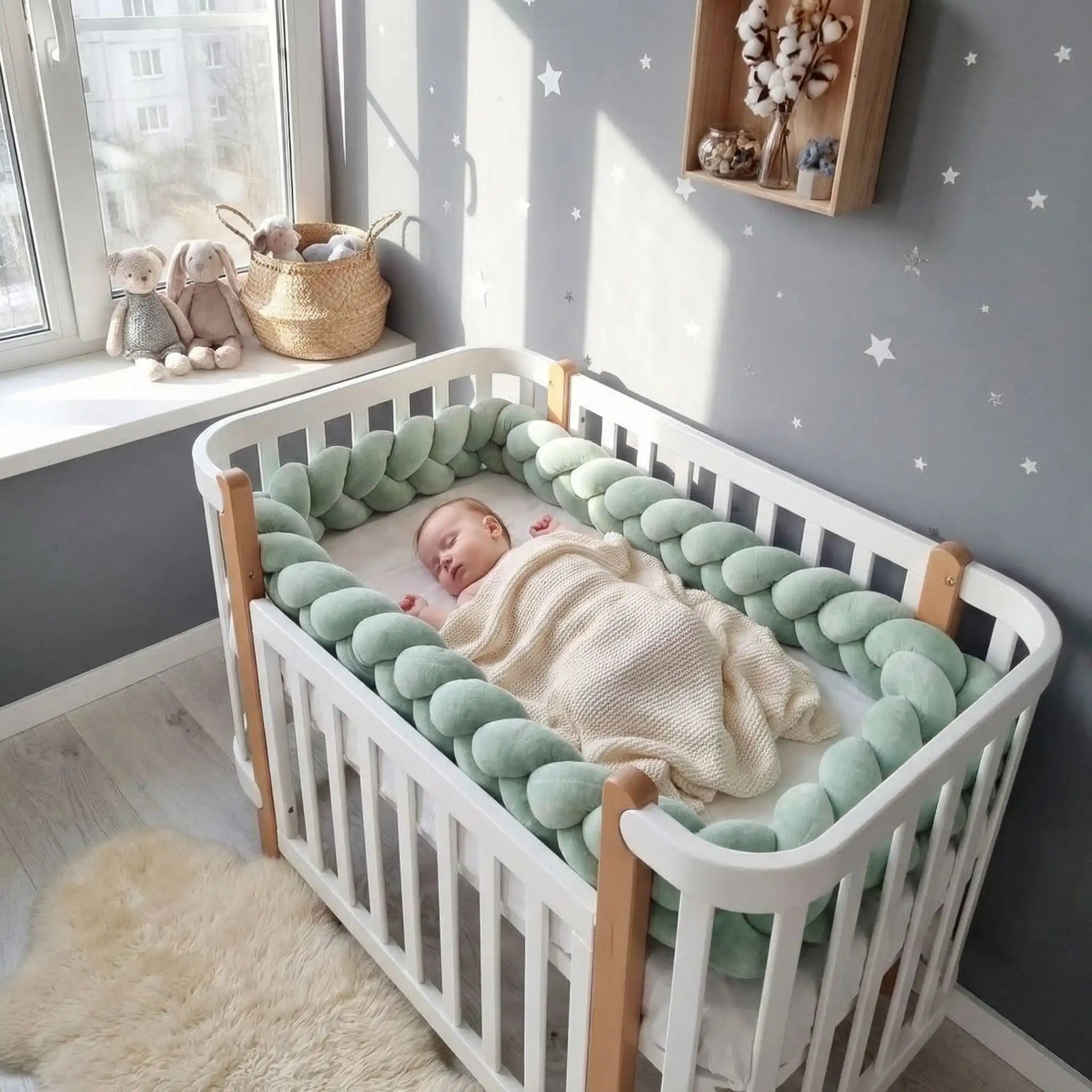 jolie bebe fille endormie son lit avec tresse de lit vert pastel