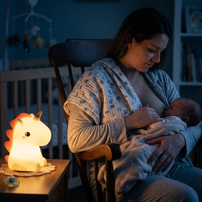 maman allaite bébé sous bebe veilleuse licorne