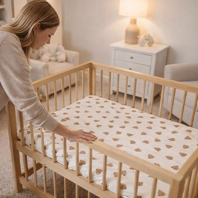 maman arrange drap housse lit bébé tête ourson