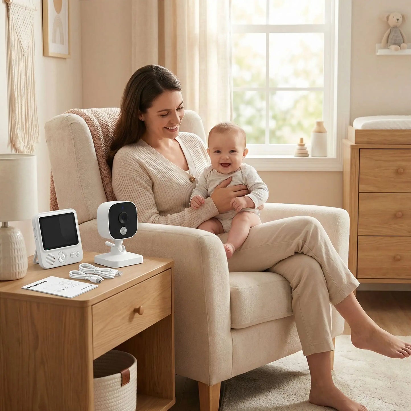 maman assise tient bébé souriant camera surveillance bebe sur table