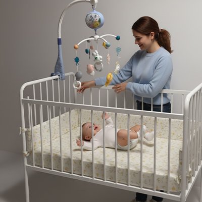 maman avec bébé émerveillé mobile musical bébé